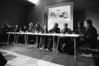 Abschlussdiskussion: von lks. nach rechts: Gerhard Johann Lischka, Jean-Luc Evard, Lucy Hillebrand, Jochen Lingnau, Florian Rötzer, Dietmar Kamper, Torsten Meiffert, Vito Orazem, Michael Mohnhaupt, (Berlin am 30.09.1989)  