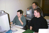 Transinstitutionelle Virtual Design Entwicklung: Jochen Vestner (bildo Akademie) im Hochschulrechenzentrum der FHTW mit Andreas Karpati und Thomas Schmidt, 1996. Foto: Thomas Kemnitz  